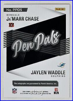 2021 Donruss Elite Pen Pals Duel RC Auto JaMarr Chase & Jaylen Waddle (Blue Ink)