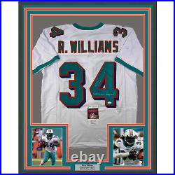 Framed Autographed/Signed Ricky Williams 33x42 Miami White Jersey JSA COA