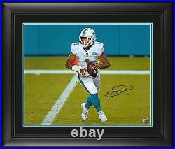 Tua Tagovailoa Miami Dolphins FRMD Signed 16x20 White Jersey Rolling Out Photo